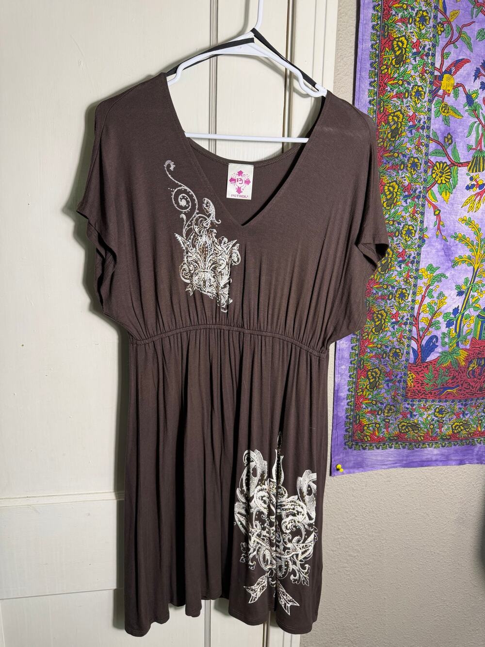 Petrol Brown Rhinestone Dress XL Empire Waist Y2K Boho Western Graphic USA